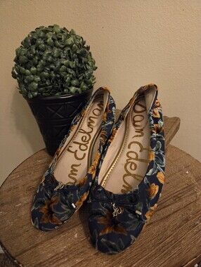 SAM EDELMAN Felicia Blue Orange Floral Velvet Burn Out Ballet Flats Women's SZ 9